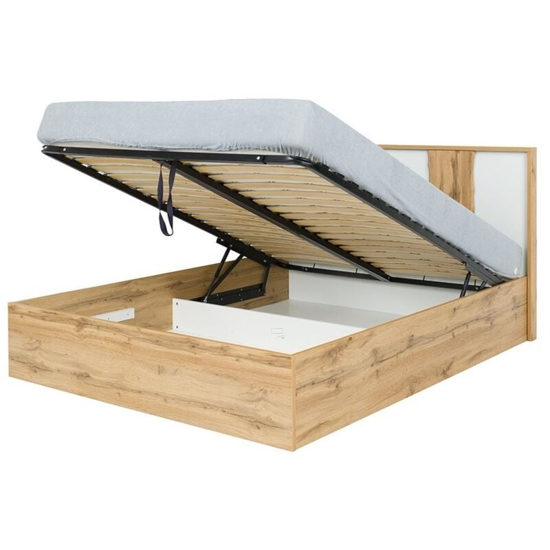 Meublorama - Lit coffre 180x200 + led wood coloris chêne et blanc alpin