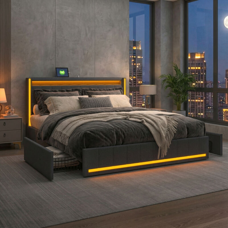 Lit 140x190 cm avec 4 tiroirs, lit adulte capitonné, sommier à lattes, éclairage LED réglable, deux ports USB/C, style scandinave, Lin - Gris foncé Lit 140x190 cm avec 4 tiroirs, lit adulte capitonné, sommier à lattes, éclairage LED réglable, deux ports USB/C, style scandinave, Lin - Gris foncé