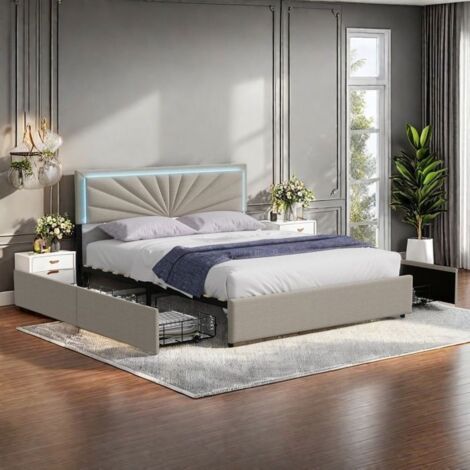Lit Adulte Double 140x200 cm avec 4 Tiroirs，LED et Tissu Chanvre, Tête de Lit Design en Tissu Béige,avec Structure Métal， Moderne
