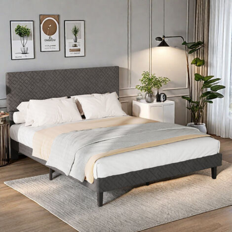 Lit adulte double 160 x 200 lin gris - Cadre double 2 places - Tête de lit à motif en losanges - Structure robuste en acier - Sommier à lattes - Style scandinave