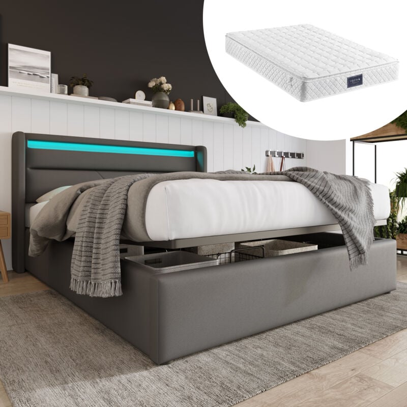 Lit coffre Lit adulte double 140 x 200 cm avec led, gris, matelas inclus