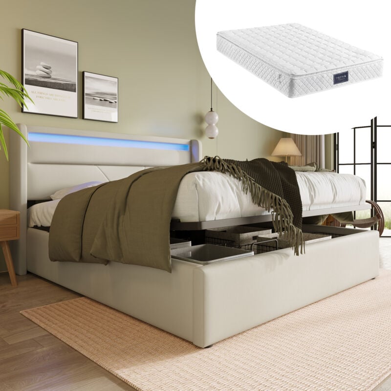 Wishdor - Lit coffre Lit adulte double 160 x 200 cm avec led, blanc, matelas inclus