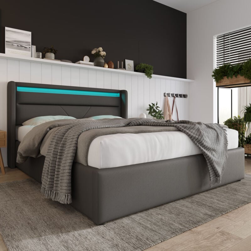 Lit coffre Lit adulte double 160 x 200 cm avec led et télécommande, gris
