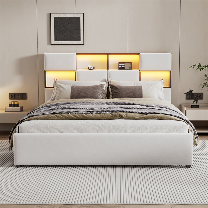 Lit adulte double avec LED ambiante, lit plat avec sommier à lattes et tête de lit avec port USB, beige 160x200cm