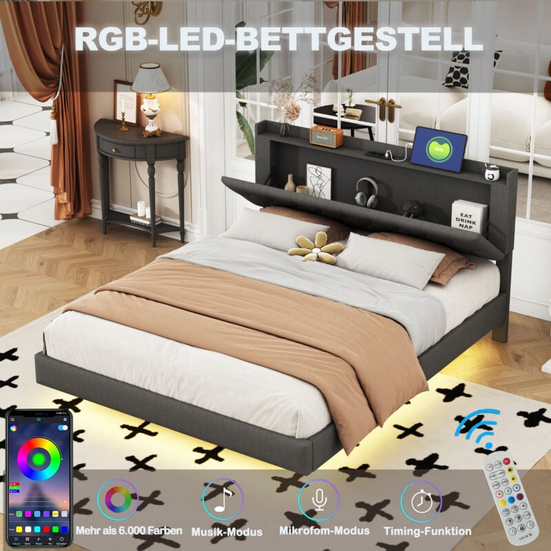 Lit adulte 160x200 cm, lit adulte led, lit double capitonné avec port de chargement usb, en tissu de lin doux pour la peau, gris