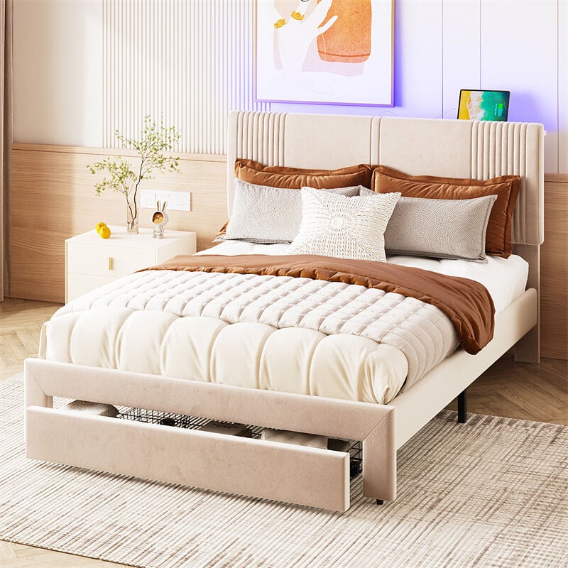 Lit adulte double capitonné, en tissu velours, avec 1 grand tiroir, sommier à lattes, tête de lit avec barre lumineuse et prise usb, beige 140x200cm