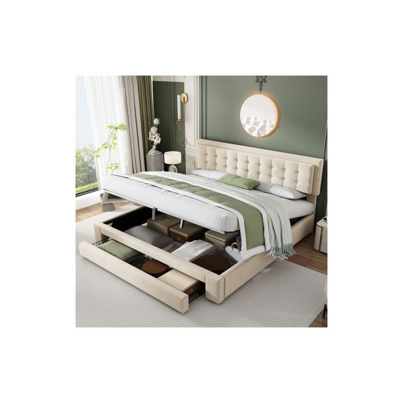 Lit coffre 180x200 cm, lit adulte 180x200 cm, lit capitonné avec 2 tiroirs et sommier à lattes en bois, velours, beige, sans matelas