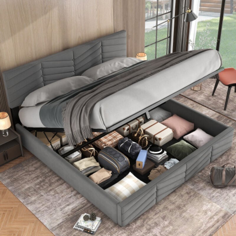 Lit coffre Lit adulte double capitonné 180 x 200 cm avec tête de lit réglable en hauteur, velours, gris