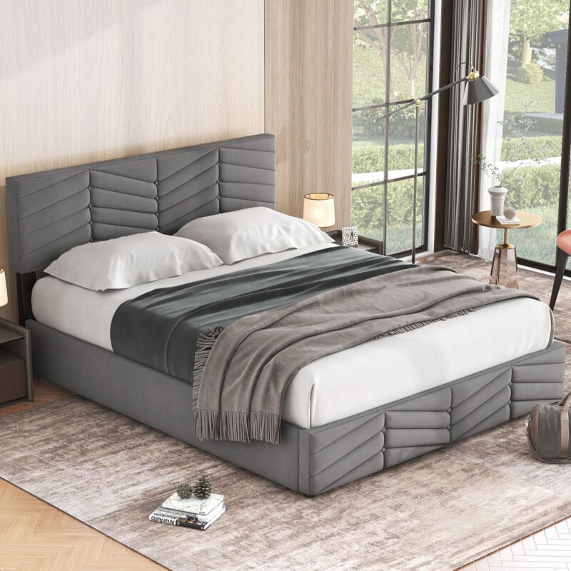 Lit coffre Lit adulte double capitonné 140 x 200 cm avec tête de lit réglable en hauteur, velours, gris