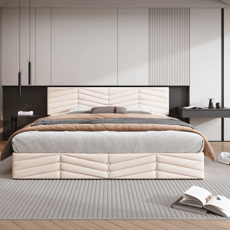 Lit coffre Lit adulte double capitonné 180 x 200 cm avec tête de lit réglable en hauteur, velours, beige