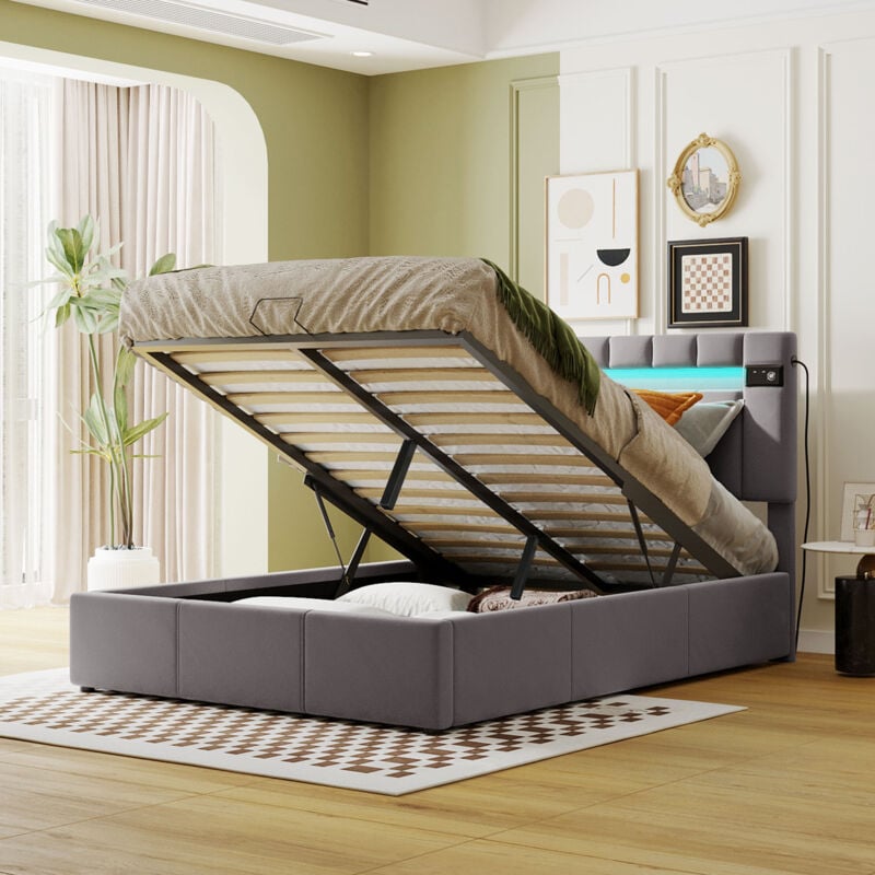 Lit coffre Lit adulte double 140 x 200 cm avec led, lecteur bluetooth et chargement usb, en velours, gris