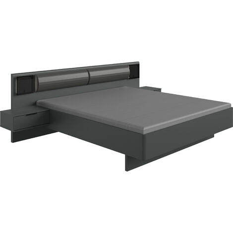 Lit adulte double Queen Size 160 x 200cm + 2 chevets coloris gris graphite - Longueur 269 x Profondeur 210 x Hauteur 92 cm -PEGANE-