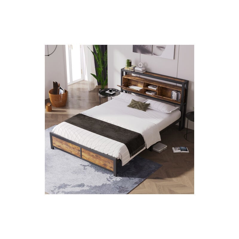 Lit adulte Lit adolescent Lit métal 140x200 cm avec tête de lit rangement et sommier à lattes, noir et naturel