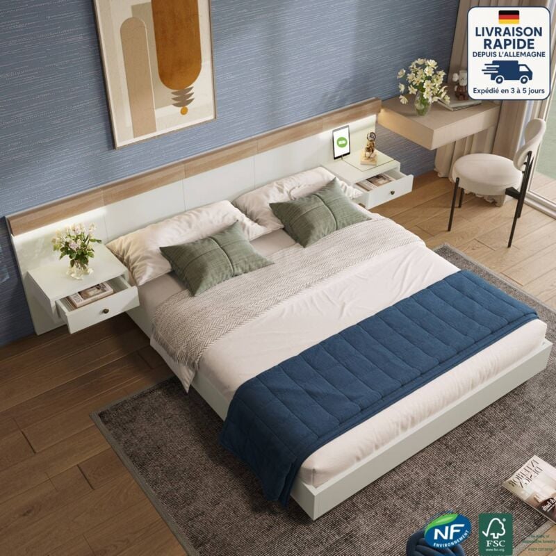 Modfu - Lit adulte 180x200cm, en bois, lit double avec tables de chevet, tête de lit allongée, usb, led, sans matelas, blanc