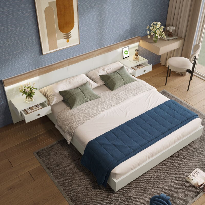 Modfu - Lit adulte 140x200cm, en bois, lit double avec tables de chevet, tête de lit allongée, usb, led, sans matelas, blanc