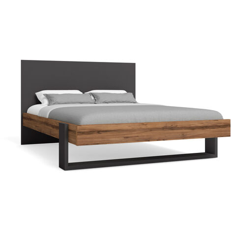 Lit adulte en mélamine coloris noyer, ardoise - Longueur 208 x Profondeur 168,50 x Hauteur 95 cm -PEGANE-