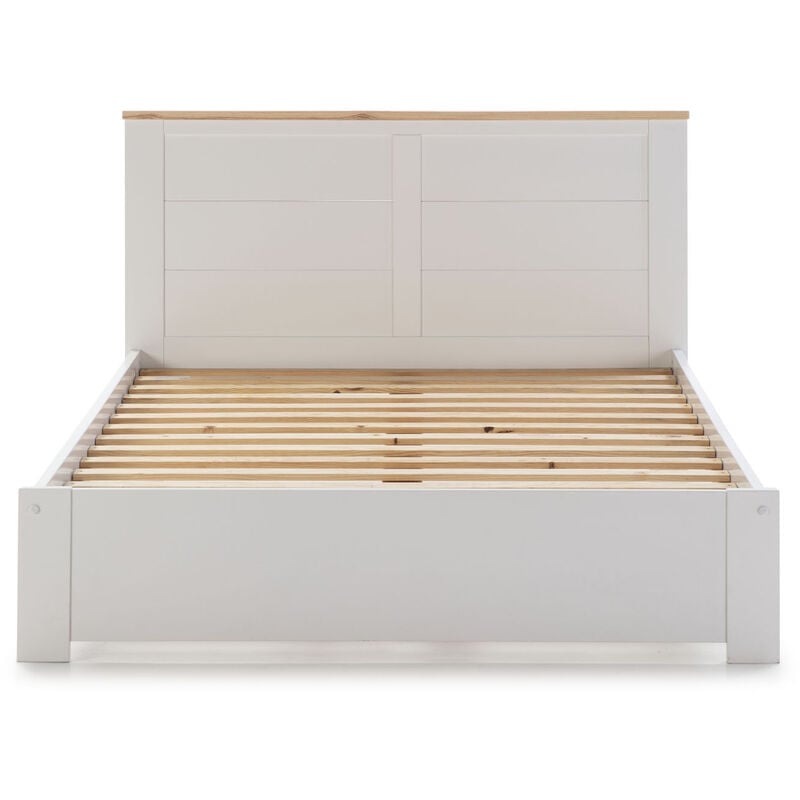 Pegane - Lit adulte en pin ciré et mdf coloris blanc laqué, naturel - Longueur 207,7 x Profondeur 172 x Hauteur 100 cm
