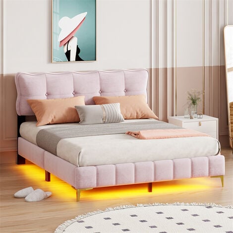Lit adulte  en tissu velours, lit double capitonné avec LED, sommier à lattes, tête de lit, pieds hauts en métal rose 160x200cm