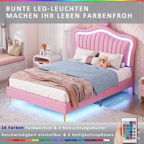 Lit adulte/enfant, lit capitonné avec lumière LED, décoration en forme de couronne, PU, 90 x 200 cm, rose (sans matelas)