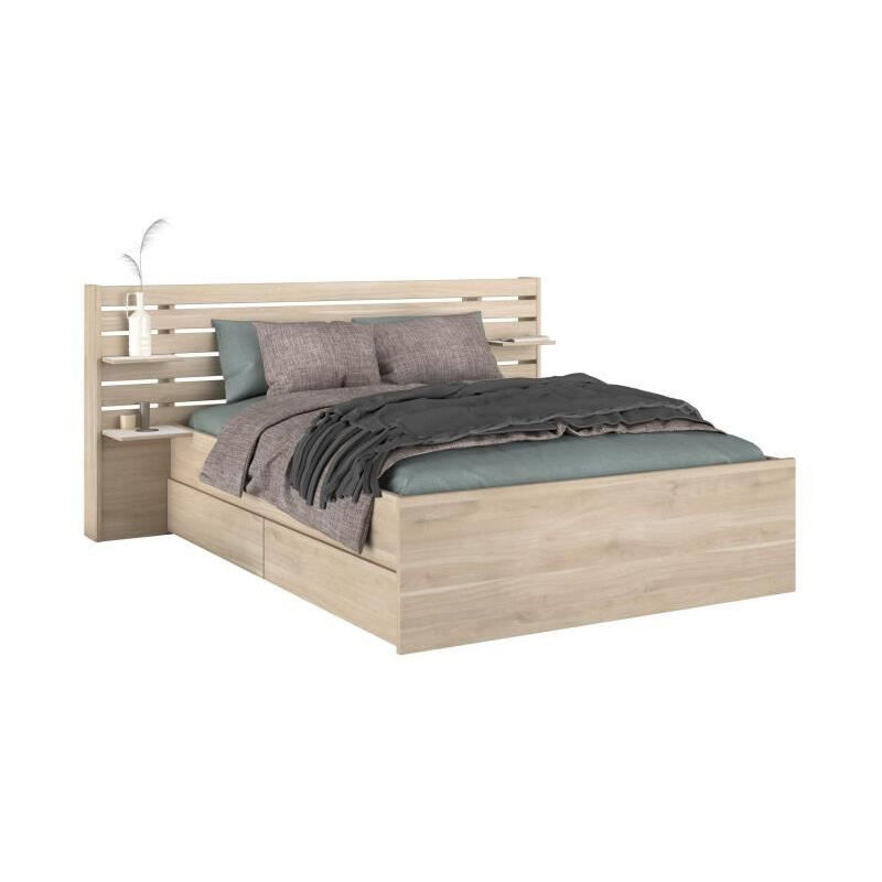 Parisot - Lit adulte escale 140x190/200 cm - Tete de lit + 2 tiroirs - Décor chene du Japon