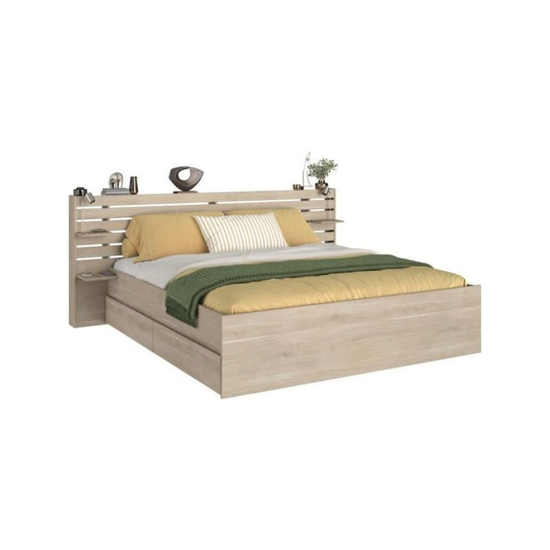 Parisot - Lit adulte escale 180x200 cm - Décor chene du Japon - 2 tiroirs + Tete de lit - L235.4 x H98,2 x P216,8 cm - Fabriqué en Franc