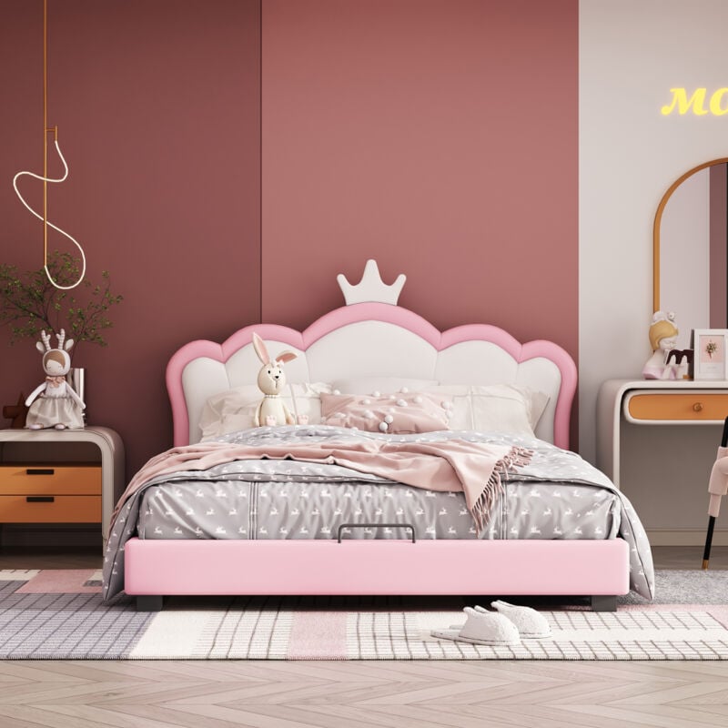 Wishdor - Lit adulte Lit enfant capitonné 140 x 200 cm avec forme couronne. rose. sans matelas