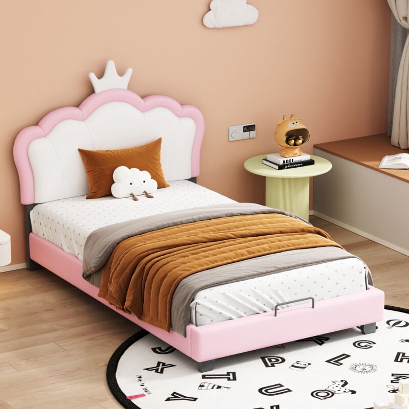 Wishdor - Lit adulte Lit enfant capitonné 90 x 200 cm avec forme couronne. rose. sans matelas