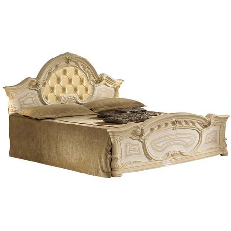 Lit adulte laqué beige tête de lit capitonnée simili cuir beige Soraya 160x200