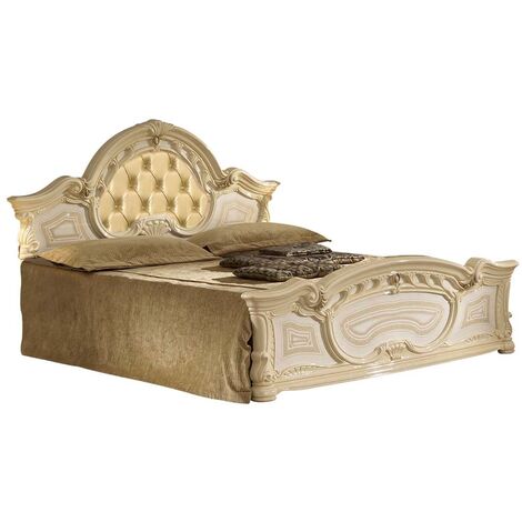 Lit adulte laqué beige tête de lit capitonnée simili cuir beige Soraya 180x200