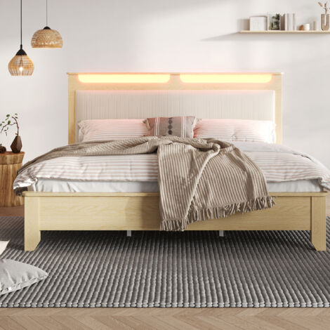 Lit adulte LED 140x200 cm - lit 2 places avec sommier et tête de lit rangement - bois - beige (sans matelas)