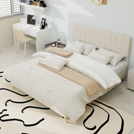 Lit adulte - lit 140x200 cm - tête de lit douce et sommier à lattes - couleur beige - en métal - sans matelas