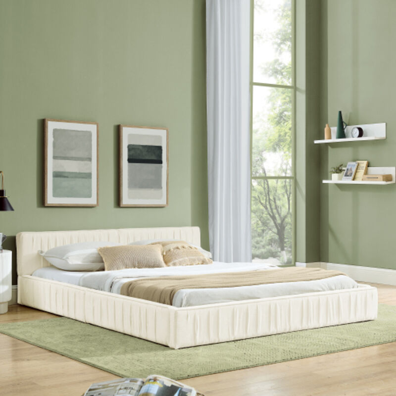 Lit adulte - lit 140x200 cm - bois d'eucalyptus écologique et cadre en fer - en velours beige - sans matelas