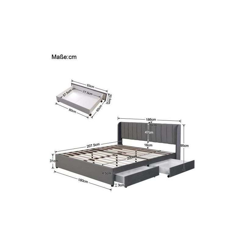 Lit adulte Lit capitonné en tissu velours 180 x 200 cm avec sommier à lattes, dossier, 2 tiroirs, gris