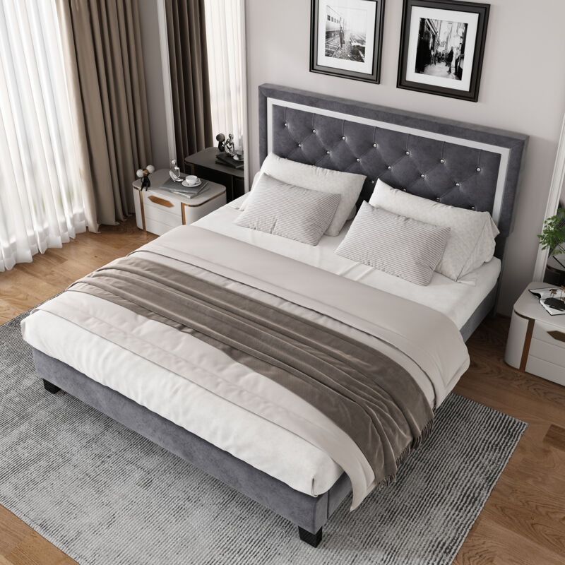 Wishdor - Lit adulte Lit capitonné double 140 x 200 cm avec sommier à lattes et tête de lit, velours, gris