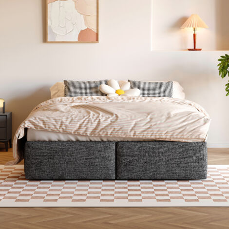 Lit adulte lit coffre 140x200 cm avec 2 tiroirs, lit double lève-lit hydraulique, sommier à lattes, pas de tête de lit, tissu lin gris