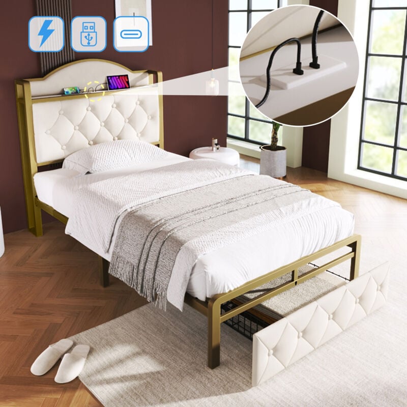 Lit adulte, lit coffre, avec chargement USB Type-C et tiroir, sommier à lattes en métal, 90 x 200 cm, beige, sans matelas