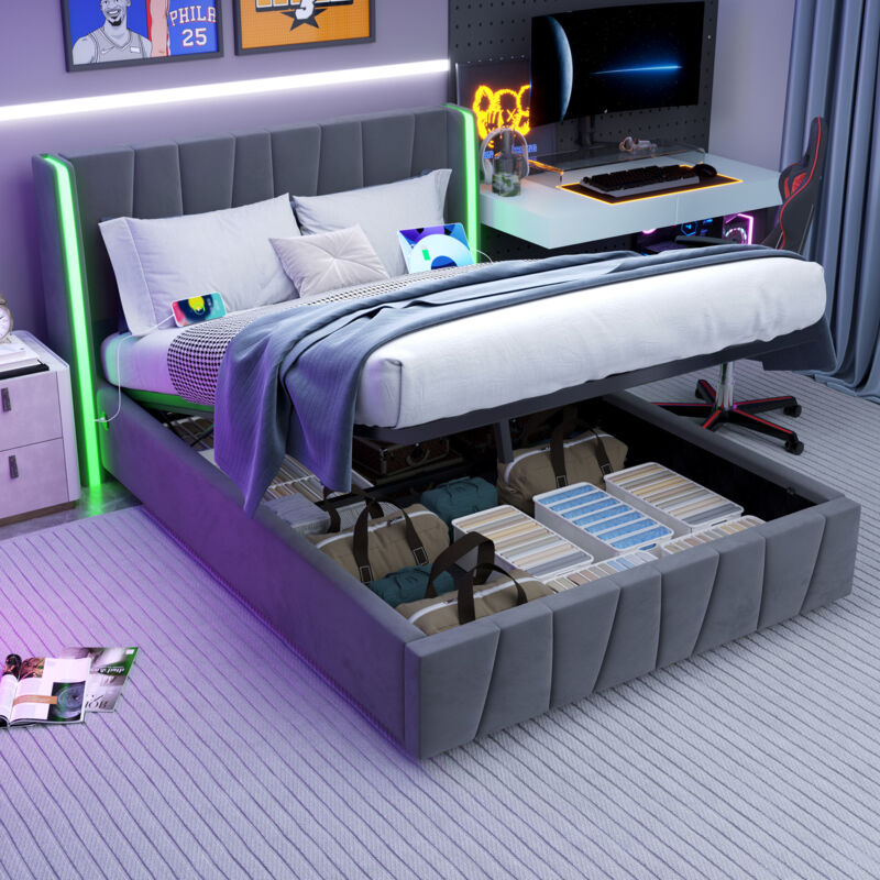 Redom - Lit adulte Lit coffre hydraulique 140x200 cm avec lumineuse led et ports usb, cadre de lit moderne, tissu velours, Gris