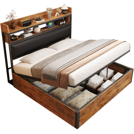 Lit adulte Lit coffre Lit 180x200 cm,avec USB,design vintage en bois et métal, espace de rangement