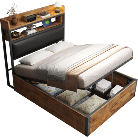 Lit adulte Lit coffre Lit 90x200 cm,avec USB,design vintage en bois et métal, espace de rangement
