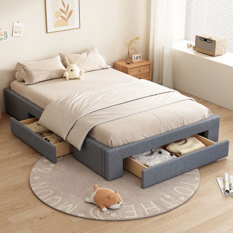 Wishdor - Lit adulte Lit double 140 x 200 cm, cadre de lit avec 3 tiroirs, sans tête de lit, gris