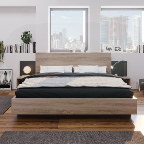 Lit adulte lit double 160 x 200 cm en bois avec 2 tables de chevet pour chambre à coucher. Naturel