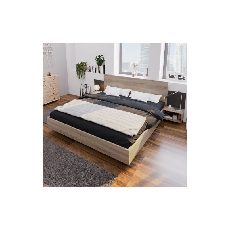 Wishdor - Lit adulte lit double 160 x 200 cm en bois avec 2 tables de chevet pour chambre à coucher. Naturel