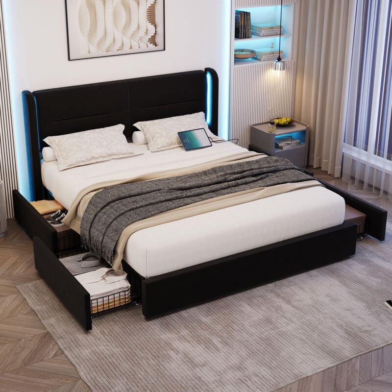 Lit adulte 140x200 cm, 2 usb+led, lit double rembourré avec 4 tiroirs de rangement, velours, sans matelas, noir