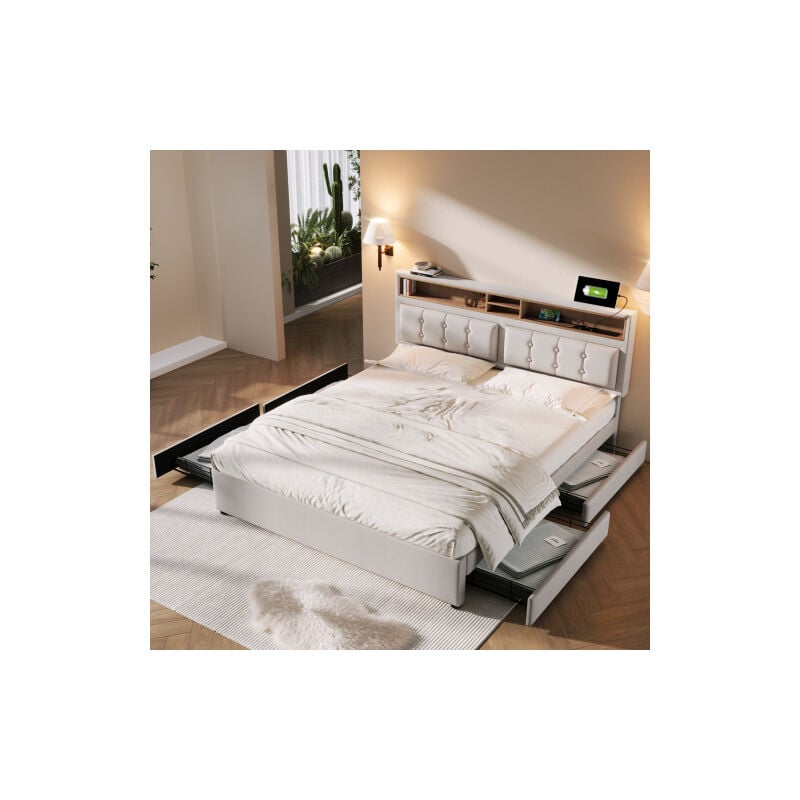 Lit double 140x200 cm avec 4 tiroirs, cadre de lit avec tiroirs, tête de lit rangement avec prise usb c, beige, sans matelas