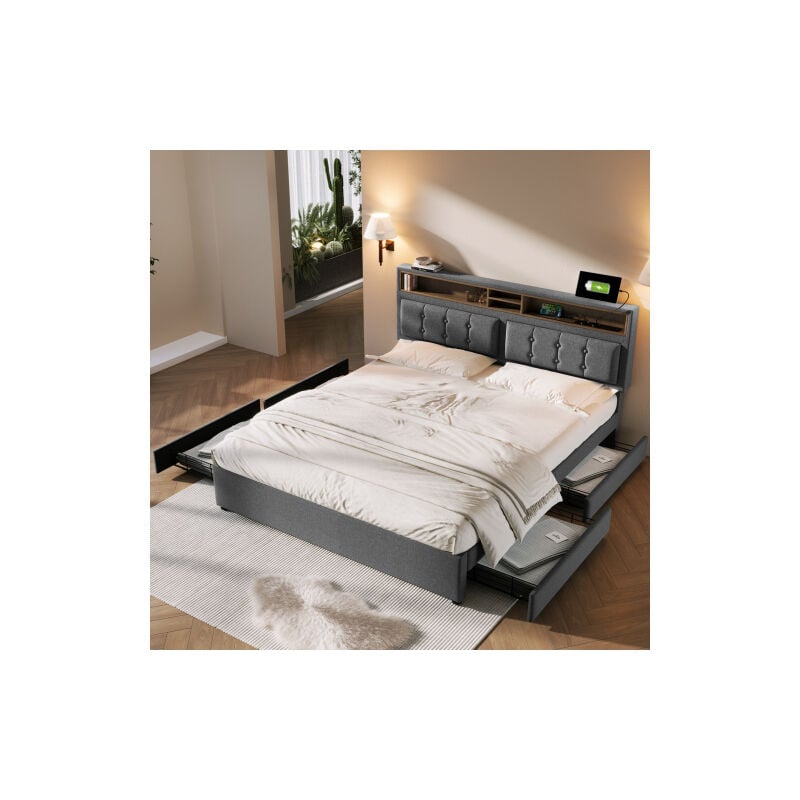 Lit double 140x200 cm avec 4 tiroirs, cadre de lit avec tiroirs, tête de lit rangement avec prise usb c, gris, sans matelas