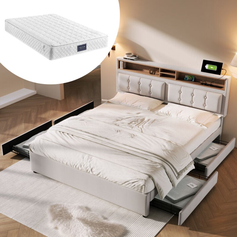 Lit double 140x200 cm avec 4 tiroirs, cadre de lit avec tiroirs, tête de lit rangement avec prise USB C, beige, matelas inclus