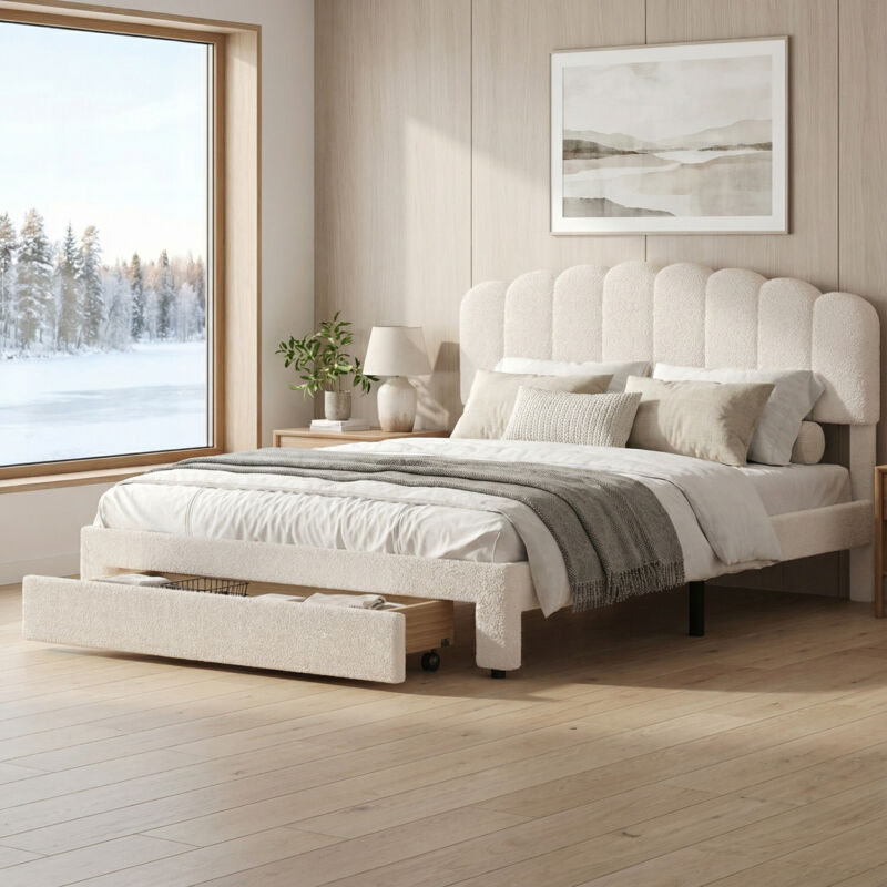 Lit 140x200 avec tiroir, lit double capitonné et ports USB/Type-C, lit avec rangement avec sommier, tête de lit coquillage, velours, style