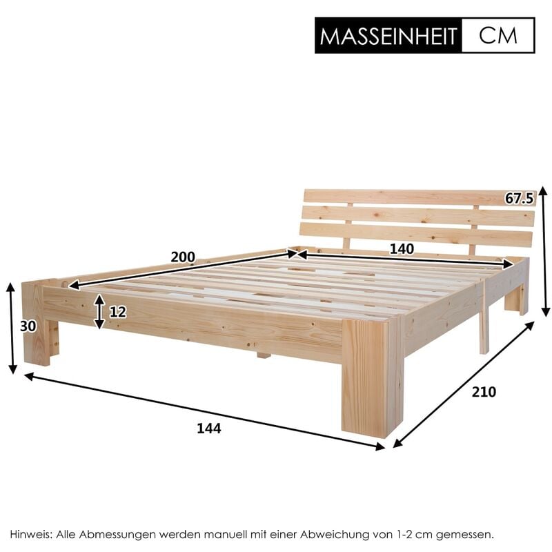 L&h-cfcahl - Lit adulte Lit double en bois avec tête de lit en cadre de lit avec sommier à lattes 200 x 140 cm bois massif fsc