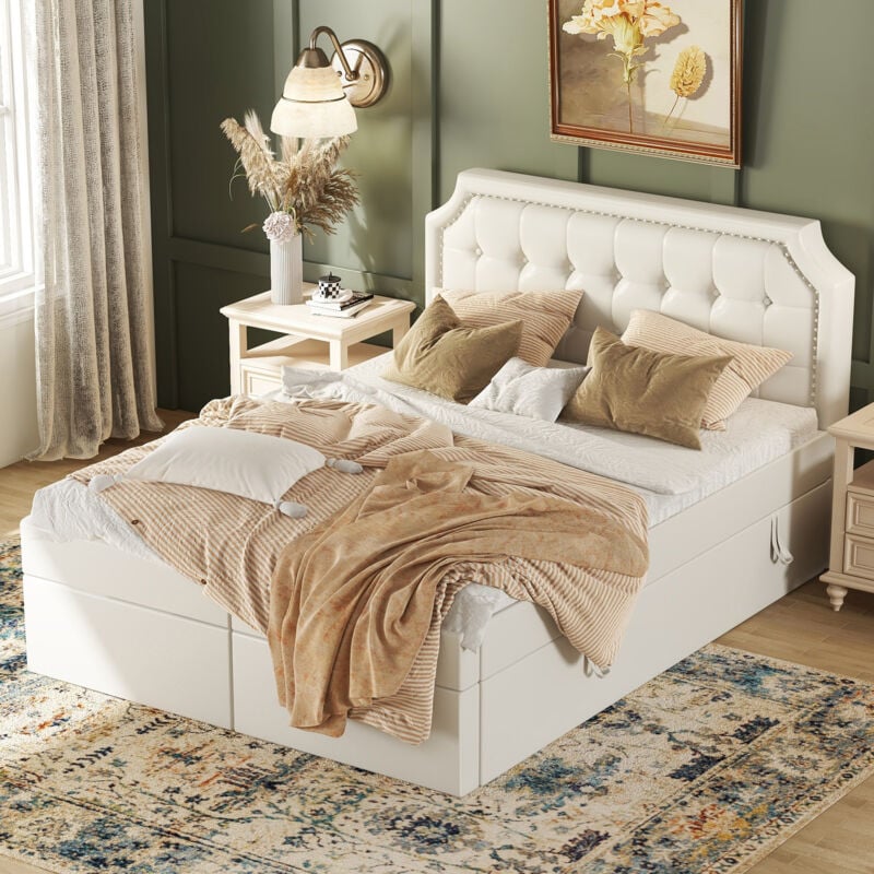 Wishdor - Lit adulte Lit double Lit capitonné 140 x 200 cm avec sommier à lattes en métal, grand rangement, ouvert des deux côtés, blanc