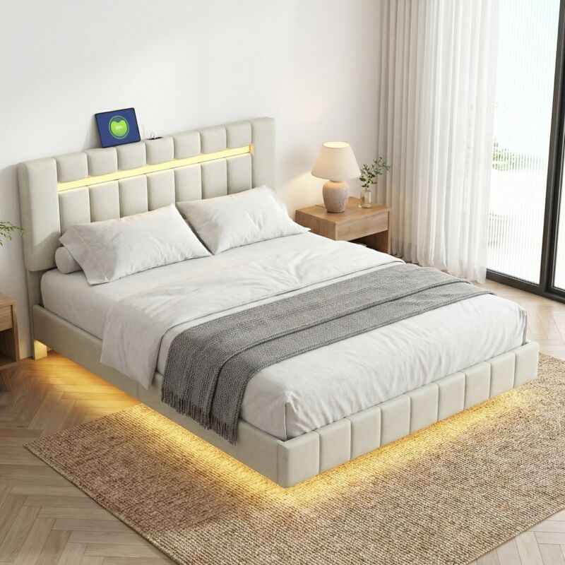 Lit adulte 160x200cm, lit double, lit flottant avec éclairage LED et ports USB, tête de lit réglable en hauteur, Lin, Moderne, Beige